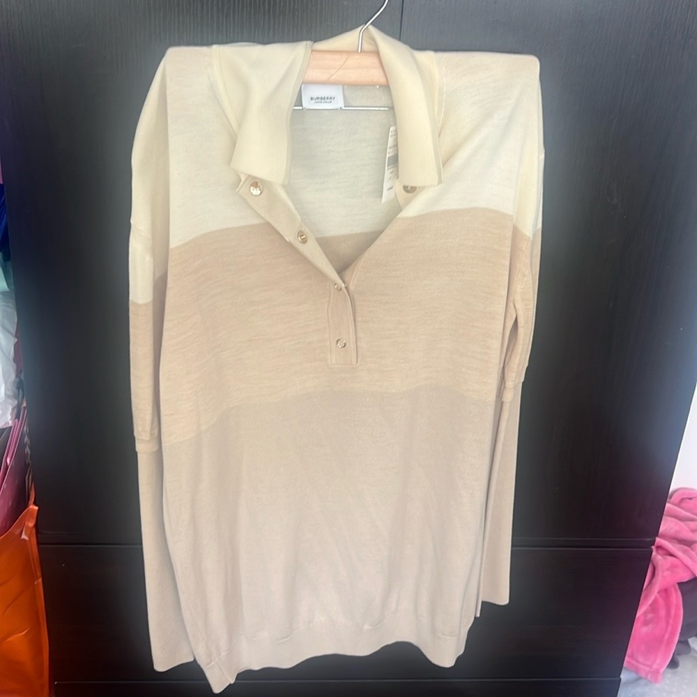 Burberry Cream Boxy Button Down Polo Blouse